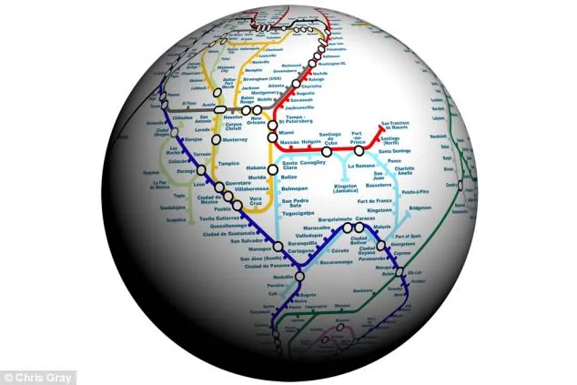 Web developer Chris Gray came up with his idea for a global Underground map (pictured) when he was visiting Australia and suddenly wanted to 'nip home'. He picked the stops by  picking 'nodes' at densely populated cities and worked out the connections from there